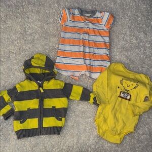 6/9m carters, boys Striped Baby Romper, Yellow Onesie Set and zip sweater hoodie